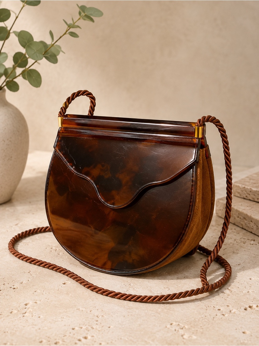 Vintage | Bally Brown Suede Lucite Acrylic Accordion Crossbody Bag Clutch | Rare